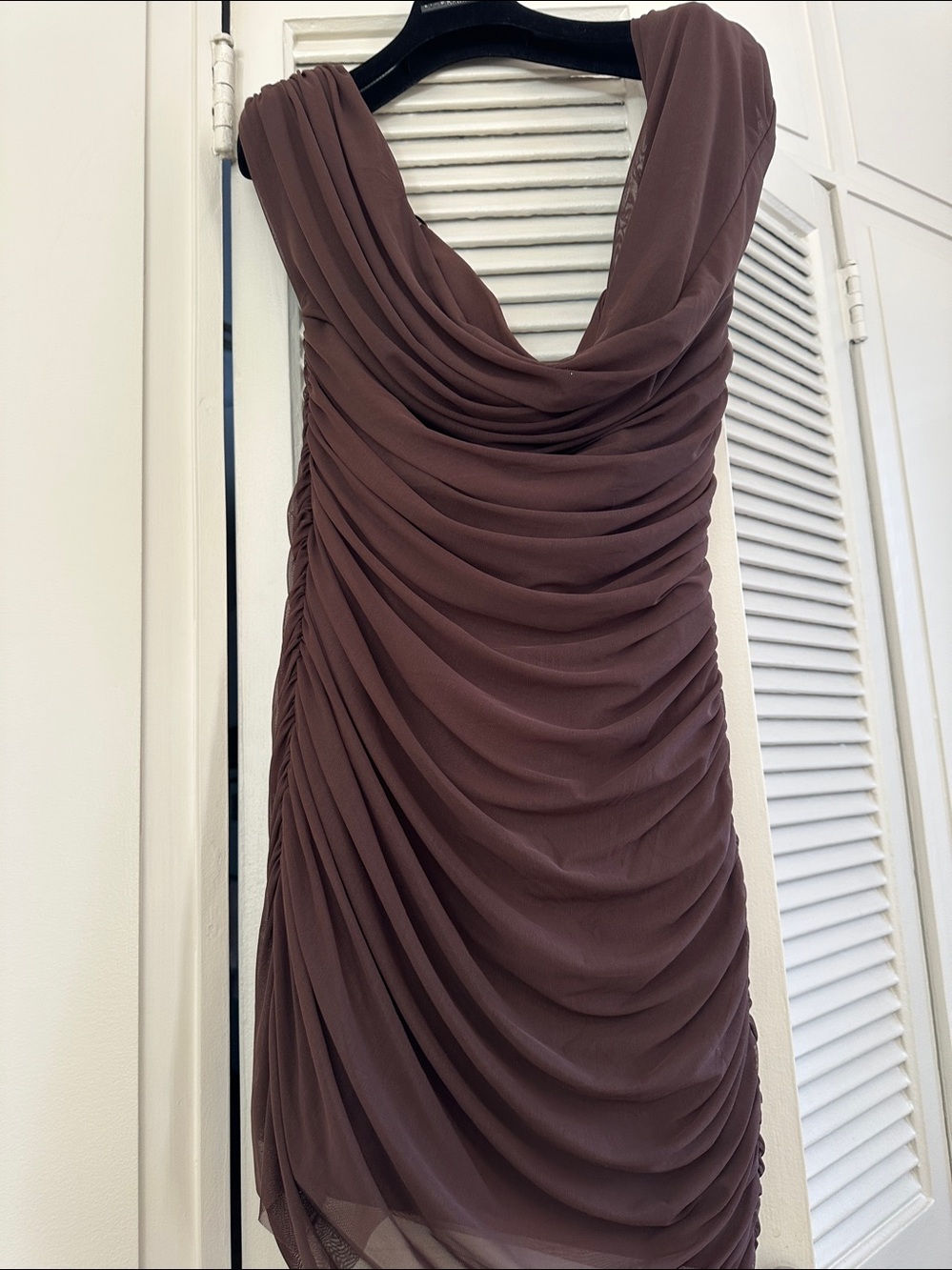 Zara Sleeveless off shoulder Draped Mini Dress in Chocolate Brown - Picture 3 of 8
